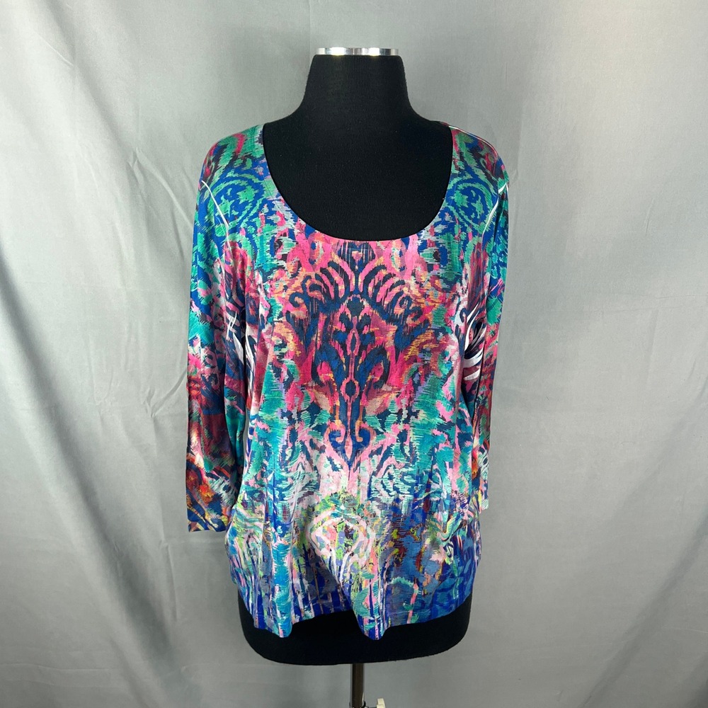 Chicos Blouse Top Women 2 Multicolor Ikat Damask Print Quarter Sleeve Scoop Neck